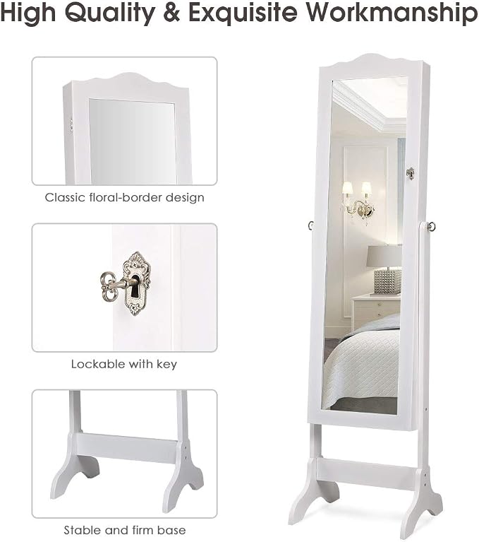 Giantex Jewelry Armoire Organizer with Full Length Mirror, 14 LEDs Floor Standing Jewelry Cabinet with 2 Drawers, 4 Adjustable Angles, Lockable Jewelry Storage Box Cabinet (White)