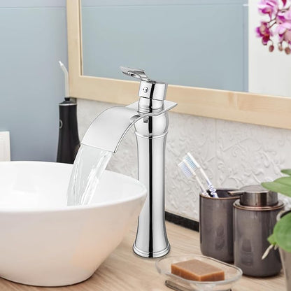 gotonovo Waterfall Vessel Sink Faucet for Sink 1 Hole,Single Handle Tall Bathroom Sink Faucet,Brass Waterfall Bathroom Faucet Arc Body Mixer Tap with Pop Up Drain and Supply Line,Polish Chrome