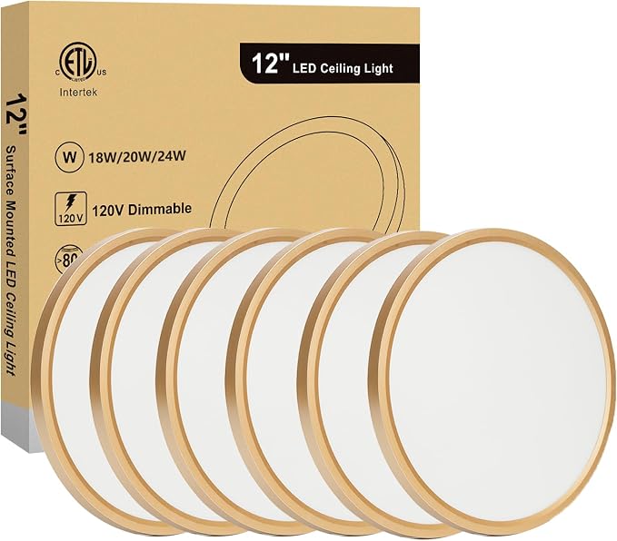 12 Inch Ceiling Light Fixture, Dimmable 0.67 Inch Super Slim, 24W 5CCT Round Ceiling Light for Laundry, Bedroom, 12 Inch 6Pack Gold