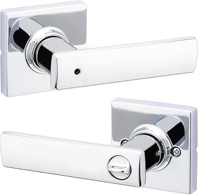 Kwikset Breton Interior Privacy Door Handle with Lock, Door Lever For Bathroom and Bedroom, Polished Chrome Reversible Keyless Turn Lock