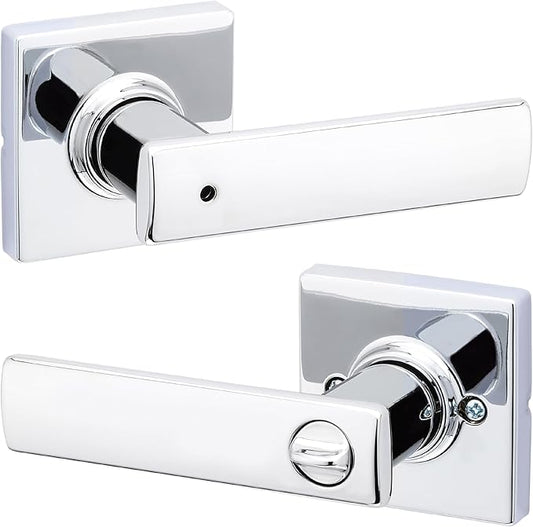 Kwikset Breton Interior Privacy Door Handle with Lock, Door Lever For Bathroom and Bedroom, Polished Chrome Reversible Keyless Turn Lock