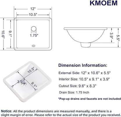 Small Undermount Bathroom Sink 12x11 Inch Vessel Sink White Porcelain Ceramic Under Counter Lavatory Vanity Sink Basin Rectangular Undermount Sinks with Overflow