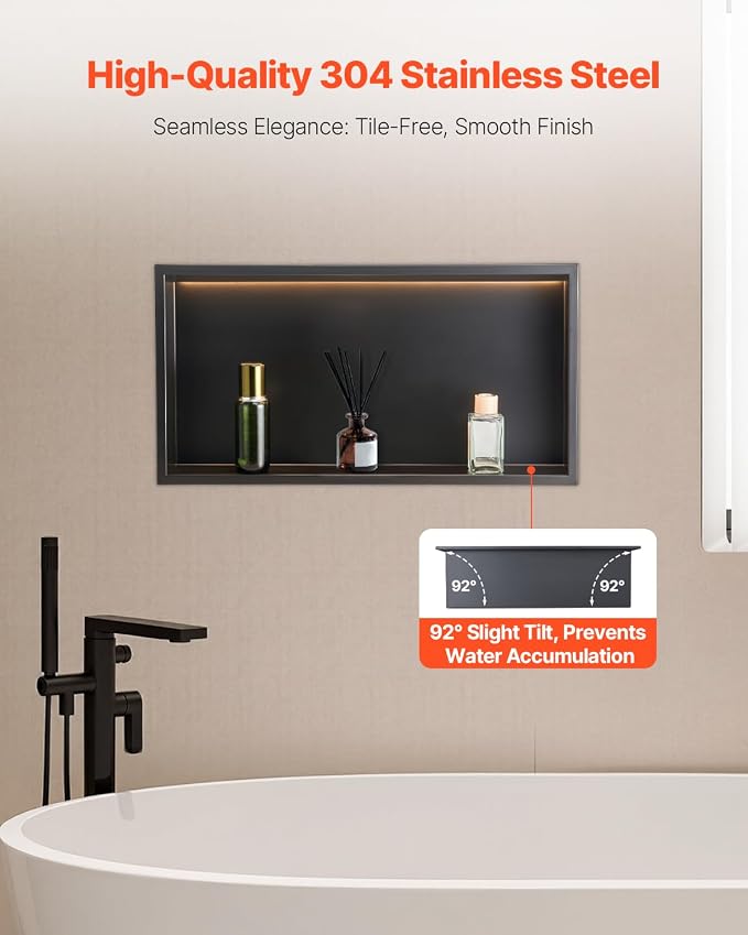 VEVOR Shower Niche, 13 x 25 x 4 inch Recessed Wall Niche with LED Strip,Heavy-Duty Stainless Steel Modern Shampoo Storage Organizer,Sealed Waterproof, Durable & Easy to Install,Black for Bathroom