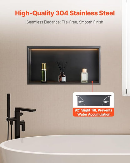 VEVOR Shower Niche, 13 x 25 x 4 inch Recessed Wall Niche with LED Strip,Heavy-Duty Stainless Steel Modern Shampoo Storage Organizer,Sealed Waterproof, Durable & Easy to Install,Black for Bathroom