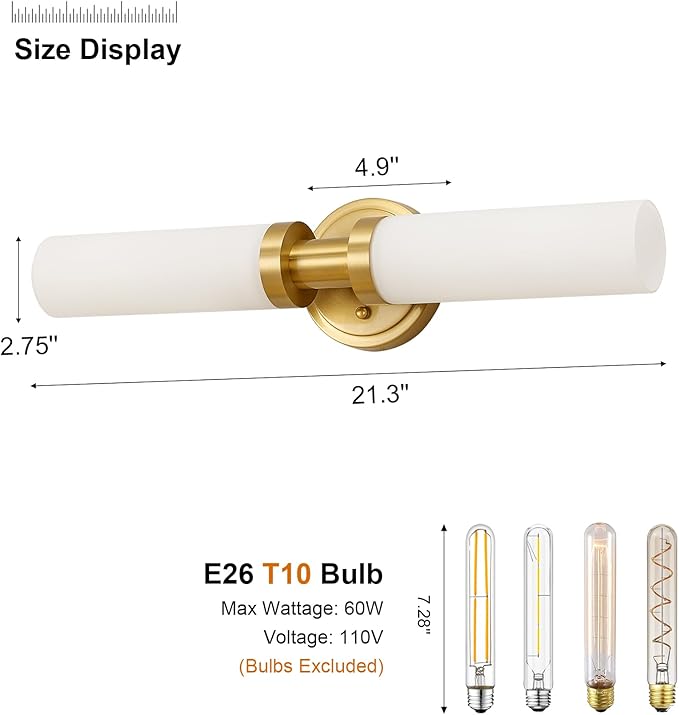 Gold Bathroom Light Fixtures Modern Vanity Lights W/White Glass Shade, 2-Light Sconces Wall Lighting for Mirror Kitchen Bedroom Hallway, Brushed Brass Gold Wall Decor Wall Mount Lamp
