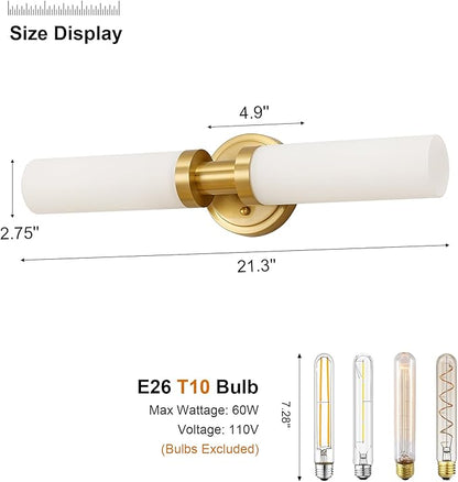 Gold Bathroom Light Fixtures Modern Vanity Lights W/White Glass Shade, 2-Light Sconces Wall Lighting for Mirror Kitchen Bedroom Hallway, Brushed Brass Gold Wall Decor Wall Mount Lamp