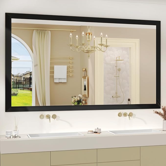 SMIROR 60x36 Matte Black Bathroom Vanity Mirror for Over Sink | Metal Wide Frame, Rectangle, Right- Angle Corner, Anti-Rust, Horizontally or Vertically Wall- Mounted for Home Remodel