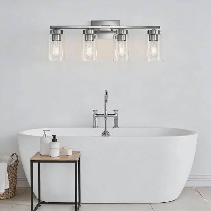 4-Light Bathroom Light Fixtures, Nickel Modern Vanity Lights Over Mirror, Bathroom Wall Sconces with Clear Glass Shade for Living Room Bedroom Hallway Cabinet Porch