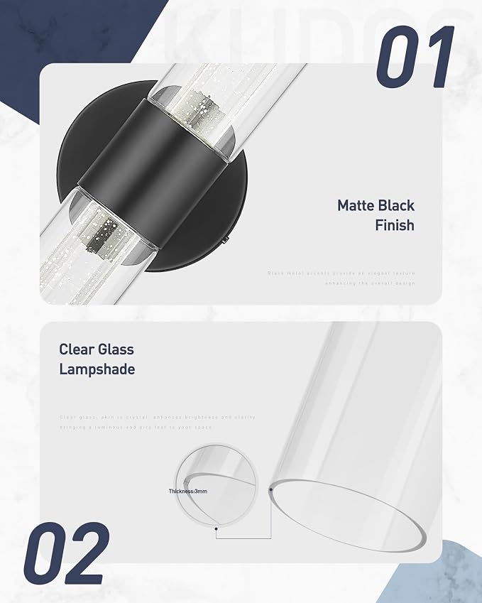 kudos Black LED Vanity Light, Crystal Bubble and Clear Glass, KDVL05-BK-2 | 11W, 1000 Lumens,3000K, 4500K and 6000K Selectable, Hardwired, for Bathroom, Bedroom and Over Mirror