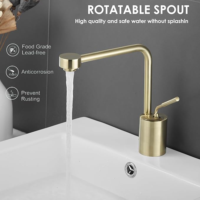 Gold Brushed Bathroom Sink Faucet One Hole Bathroom Faucet - 360 Degree Modern Vanity Basin Faucet with Water Supply Hoses Deck Mount