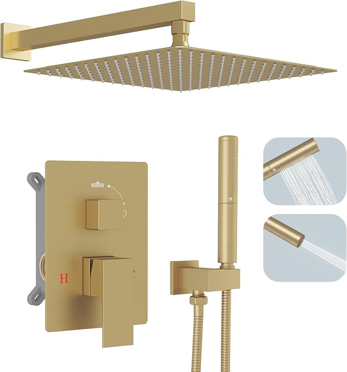 Hoimpro Shower System Set with 12 Inch Bathroom Rain Mixer Shower Head and Handheld Wall Mounted, Rainfall Shower Faucet Fixture Combo with High Pressure 2 in 1 Handheld Showerhead, Brushed Gold | High Pressure 12 Inch Bathroom Rainfall Shower Head,2-i...