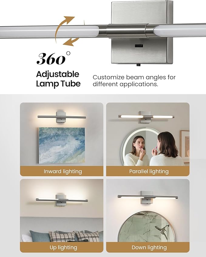 Brushed Nickel Vanity Light Fixtures for Bathroom Over Mirror 24 inch LED Bath Sconces IP44 5CCT Adjustable Morden Picture Lights for Paintings (Built-in Dimmer)