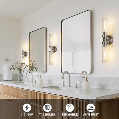 Brushed Nickel 2-Light Bathroom Vanity Light Fixture, Modern Bathroom Sconces Wall Lighting W/Clear Glass Shade, Horizontal and Vertical Wall Mount Lamp for Mirror Hallway Kitchen
