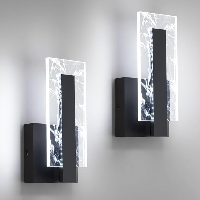 Modern LED Acrylic Black Wall Sconce, 6000K Cool White Bathroom Wall Sconces Set of 2, Hardwired Wall Mount Light Fixtures, 8W Indoor Wall Light Fixtures for Living Room Corridor Bedside