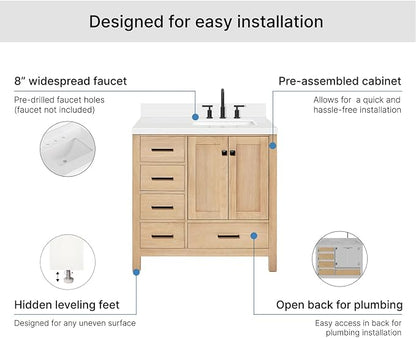 ARIEL Cambridge 36-inch Bathroom Vanity with Sink,Solid Wood, 1.5-inch Pure White Quartz Countertop, Single Rectangular Porcelain Sink, 2 Soft Closing Doors, 5 Dovetail Drawers, White Oak