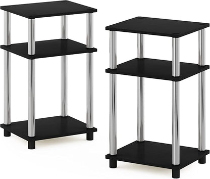 Furinno JUST Side Table Set of 2, 3-Tier Modern End Tables, Open Shelves Night Stand, Nightstand, Toolless Assembly, for Living Room, Bedroom, Americano/Stainless Steel