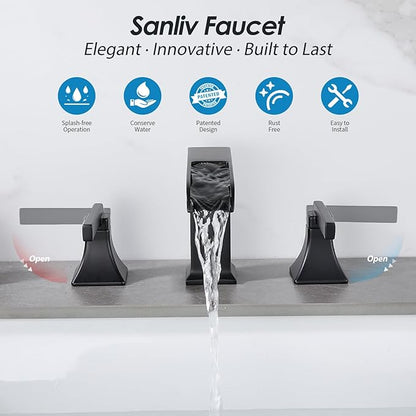 Black Waterfall Bathroom Faucet 3 Hole, Sanliv 8 or 4 Inch Widespread Bathroom Sink Faucets, Modern Vanity Faucet 3 Holes with Pop Up Drain and Supply Lines, ‎Matte Black