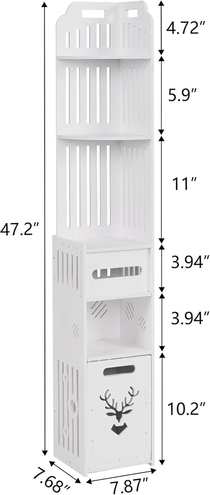 VECELO Storage Cabinet for Small Spaces,Skinny Toilet Paper Holder Stand with 3 Shelves,No Drills, (White, 3Shelf+1Drawer)