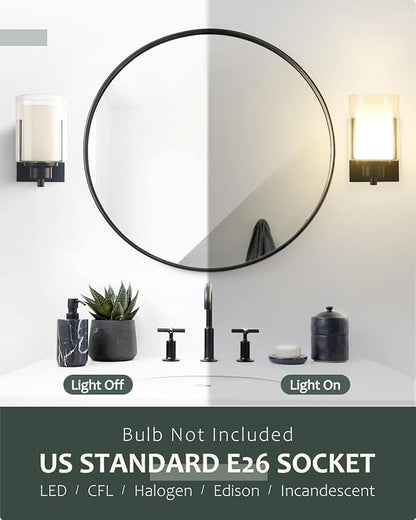 2 Pack Bath Vanity Light Fixtures 1-light, Indoor Black Wall Light with Dual Glass Shade, Farmhouse Bathroom Wall Scone, Vintage E26 Bese Wall mount Lighting for Porch Bedroom Entryway Stairs