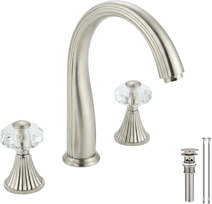 3 Hole Brushed Nickel Crystal Sink Vanity 8 Inch Brass 2 Handles 2 Tone Widespread Modern Unique 3 Piece Bathroom Sink Faucets, Antique Lavabo Faucet, Vintage Lavatory Vessel Luxury Mixer Tap