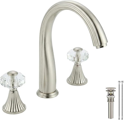 3 Hole Brushed Nickel Crystal Sink Vanity 8 Inch Brass 2 Handles 2 Tone Widespread Modern Unique 3 Piece Bathroom Sink Faucets, Antique Lavabo Faucet, Vintage Lavatory Vessel Luxury Mixer Tap