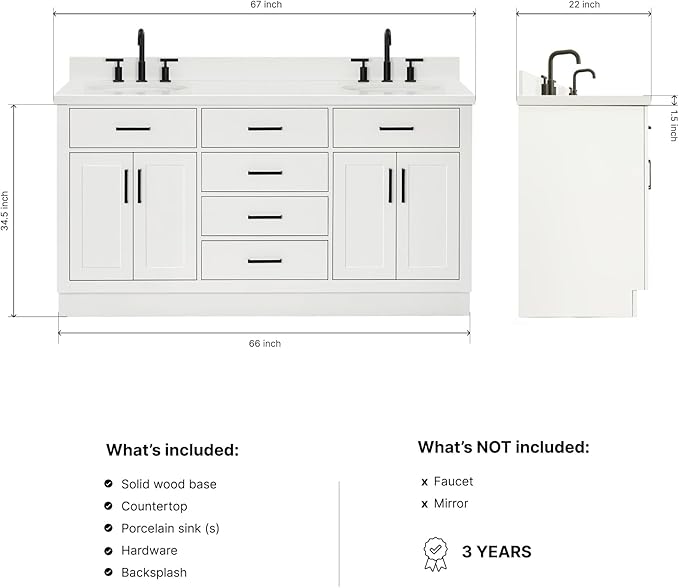 ARIEL Hepburn 66-inch Bathroom Vanity with Sink,Solid Wood, 1.5-inch Pure White Quartz Countertop & Backsplash, Double Oval Porcelain Sink, 4 Soft Closing Doors, 6 Dovetail Drawers, White