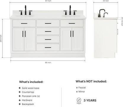 ARIEL Hepburn 66-inch Bathroom Vanity with Sink,Solid Wood, 1.5-inch Pure White Quartz Countertop & Backsplash, Double Oval Porcelain Sink, 4 Soft Closing Doors, 6 Dovetail Drawers, White