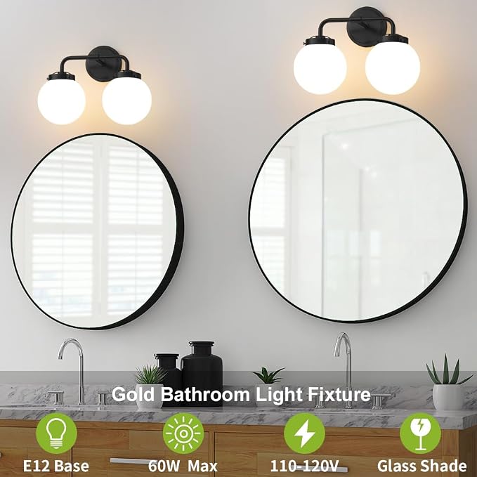 Bathroom Light Fixtures 14in 2-Light Matte Black Vanity Lights for Mirror | Dimmable Bathroom Lighting Fixtures over Mirror, ETL, E12 Base Max 60W, Modern Wall Sconce, Milky White Glass Ball Shades
