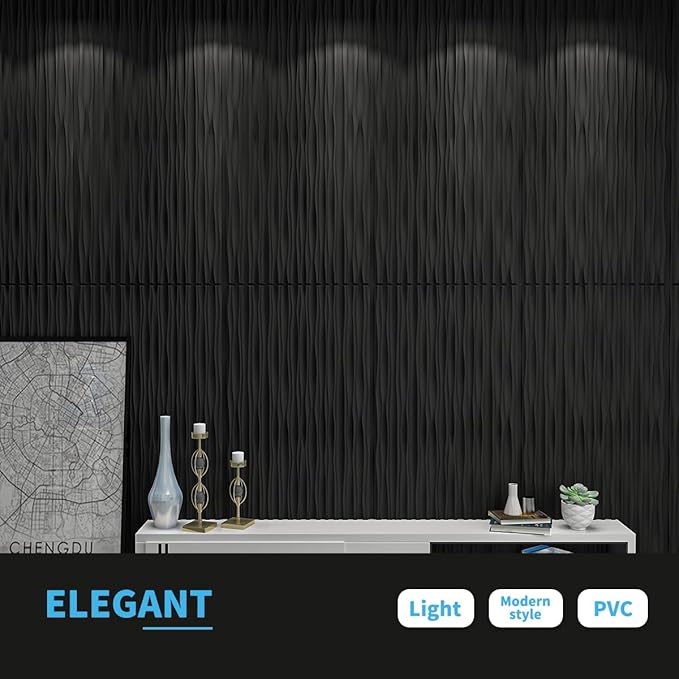 Art3d 46.2 SF Large 3D Wall Panels for Interior Décor, PVC Textured Wavy Wall Panels for Living Room, Bedroom and Office, Pack of 6 (47.2"×23.6"), Black