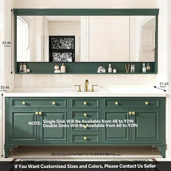 48-92IN Single/Double Sink Bathroom Vanity, Defogging Smart Mirror, Modern American Free Standing Vanity with Bathroom Cabinet