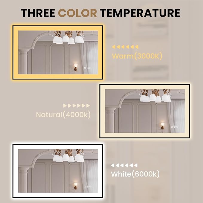LOAAO 40"X24" LED Bathroom Mirror Black Framed | Anti-Fog, Dimmable, Memory Function, Tempered Glass, Lighted Vanity Mirror for Wall
