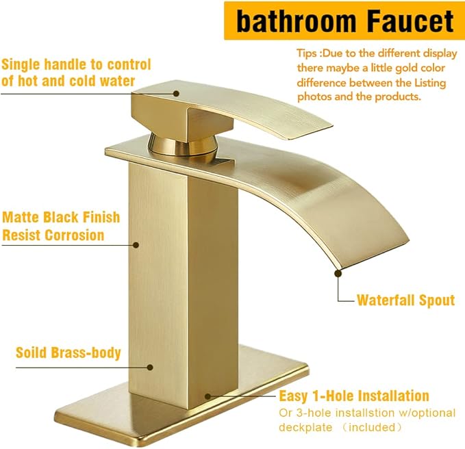 BESy Waterfall Spout Bathroom Faucet, Single Handle Bathroom Sink Faucets, Rv Vessel Faucet Basin Mixer Tap with Deck Plate, cUPC Waterlines, Brushed Gold