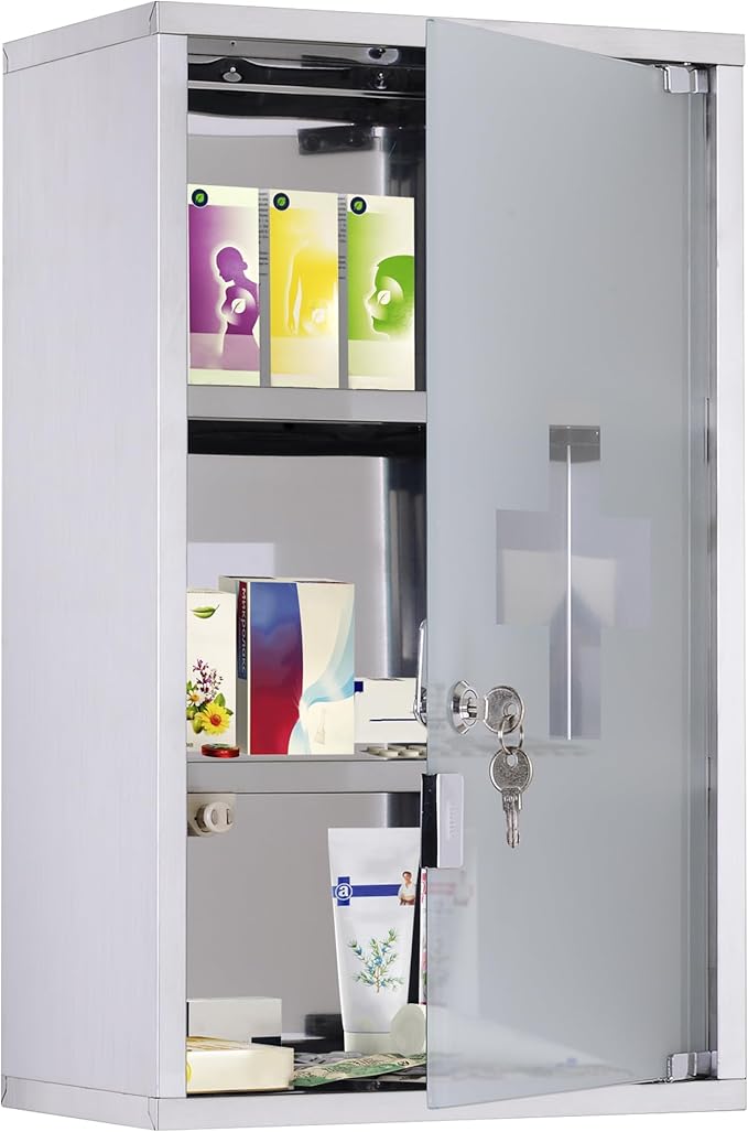 HOMCOM Wall Mounted Medicine Cabinet, Locking Wall Cabinet with 3 Tier Shelves, Stainless Steel Frame and Glass Door, Lockable with 2 Keys, Silver, 12" x 20"