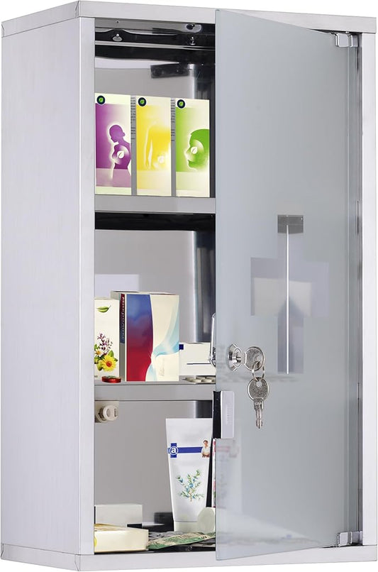 HOMCOM Wall Mounted Medicine Cabinet, Locking Wall Cabinet with 3 Tier Shelves, Stainless Steel Frame and Glass Door, Lockable with 2 Keys, Silver, 12" x 20"