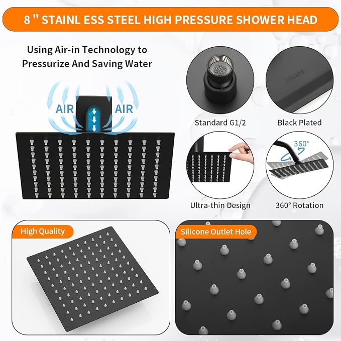 Black Shower Head And Faucet Set Complete With Valve Shower Fixtures With 8 Inch High Pressure Rain Shower Head Trim kit Regaderas Para bBaño Modernas