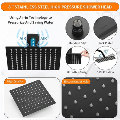 Black Shower Head And Faucet Set Complete With Valve Shower Fixtures With 8 Inch High Pressure Rain Shower Head Trim kit Regaderas Para bBaño Modernas