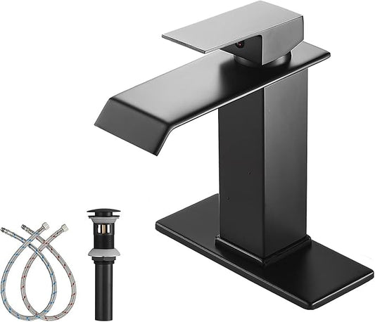 Black Bathroom Faucet Waterfall One Handle Hole Bathroom Sink Faucet Washbasin Faucet with Deck Plate Bath Vanity Lavatory Tap Modern Commercial Drian with Overflow Include