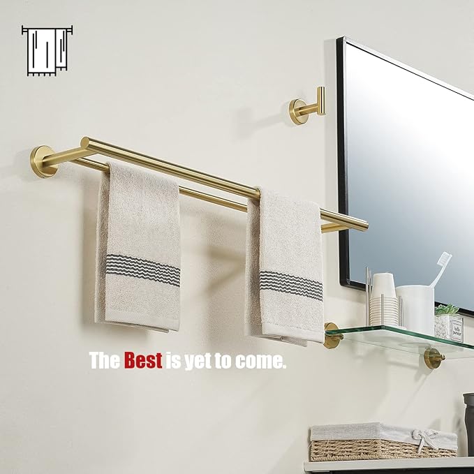 JQK Double Towel Bar 27 Inch, Brass Gold Useable Length 24 Inch 304 Stainless Steel Thicken 0.8mm Bath Towel Rack for Bathroom, Towel Holder Wall Mount 2 Pack, TB100L24-BG-P2