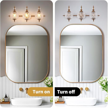 Brushed Gold Bathroom Vanity Light Fixture Vintage Style - 3 Light G9 Bulb Compatible, 23" Wide Bathroom Lighting Over Mirror with Hand-Etched Glass Shades, Easy Mount for Makeup Area