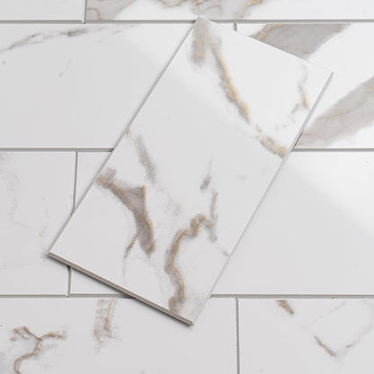 StyloVue 100 Pieces Peel and Stick Backsplash for Kitchen, 3" x 6" PVC Subway Tile 2026 Upgraded White Marble with Gold Accent Backsplash Stick on Tile Elevate Kitchen Fireplace RV