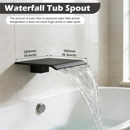 Midanya Shower System with Tub Spout,12 Inch Shower Head,Matte Black | with Valve & Trim Kit,Square Rain Head,Handheld Sprayer,Waterfall Spout,All Metal Wall Mount Bathroom Shower Tub Faucet Set