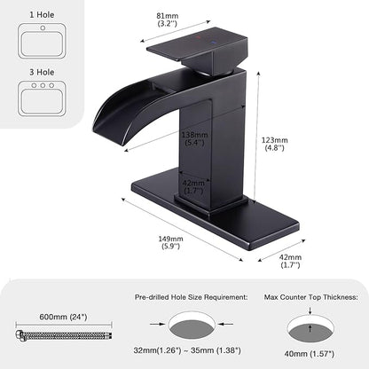 Faustina Black Waterfall Bathroom Faucet 1 Hole Single Handle,Wide Open Spout Waterfall Bathroom Faucet with Pop Up Drain,Stainless Steel Utility Sink Faucet Bathroom Vanity Faucet Basin Mixer Tap