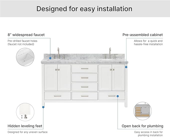 ARIEL Cambridge 66-inch Bathroom Vanity with Sink,Solid Wood, 1.5-inch Italian Carrara Marble Countertop, Double Rectangular Porcelain Sink, 4 Soft Closing Doors, 6 Dovetail Drawers, White