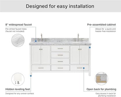ARIEL Cambridge 66-inch Bathroom Vanity with Sink,Solid Wood, 1.5-inch Italian Carrara Marble Countertop, Double Rectangular Porcelain Sink, 4 Soft Closing Doors, 6 Dovetail Drawers, White