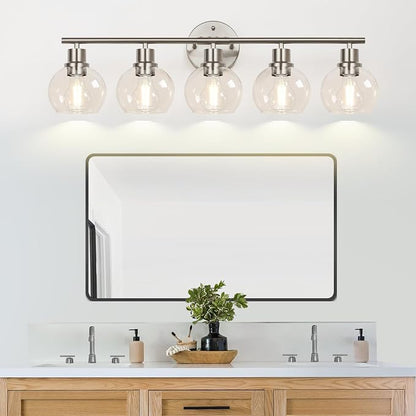 Indoi 5-Light Bathroom Light Fixtures, Brushed Nickel Vanity Light with Clear Glass Globe Shades, Modern Bathroom Wall Sconce Lighting for Mirror, Kitchen, Hallway, Bedroom
