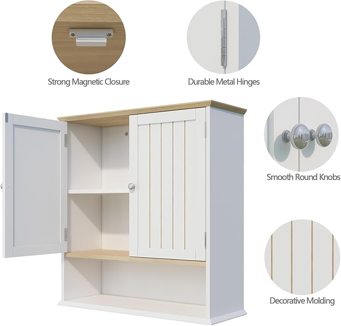 Wall Cabinet with 2 Doors & Open Shelf – Space Saving Medicine Cabinet, Wooden Wall Mounted Storage Cupboard for Bathroom Organization White