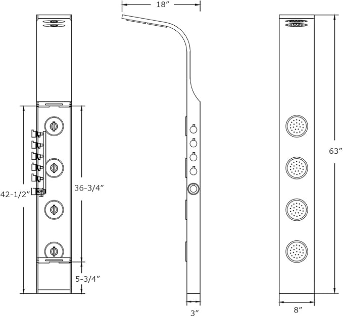Blue Ocean 63" Stainless Steel SPS8863 Thermostatic Shower Panel Tower System vwith Rainfall Shower Head, Body Nozzles, and Handheld Shower Head, Shower Column
