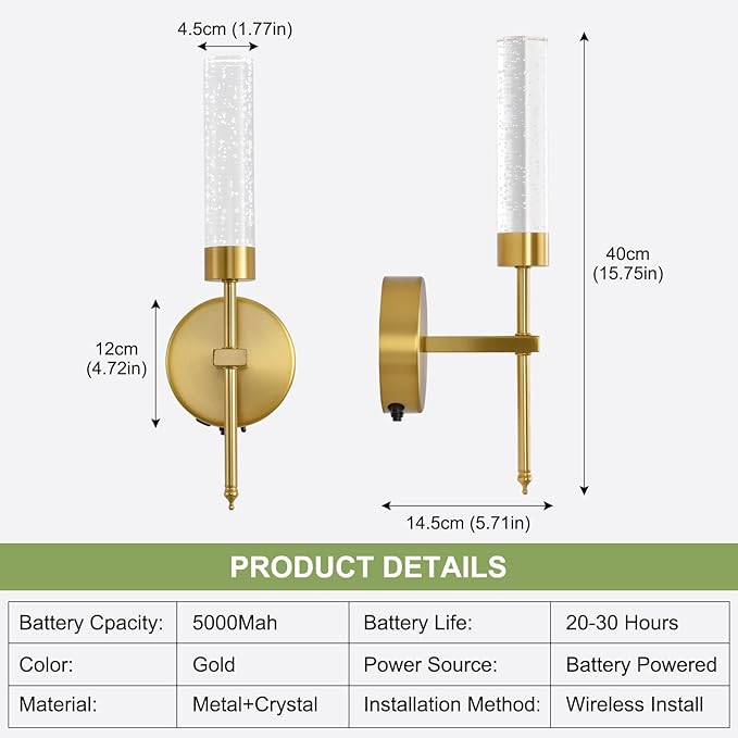 Gold Crystal Battery Operated Wall Sconce, Luxury Wireless LED Wall Sconces Set of 2 with Remote 3CCT Dimmable Timer, USB Rechargeable Cordless Wall Lights for Living Room Bedroom Bathroom Hallway