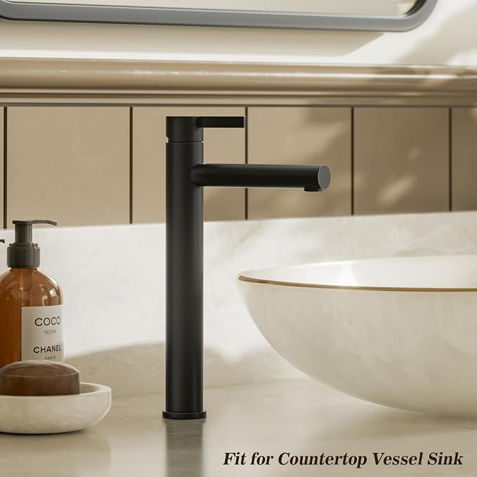 Matte Black 1 Hole Tall Bathroom Vessel Sink Faucet, Single Hole Single Handle Vanity Bathroom Faucet, with Pop Up Drain and Water Supply Line, FH01-MB-V
