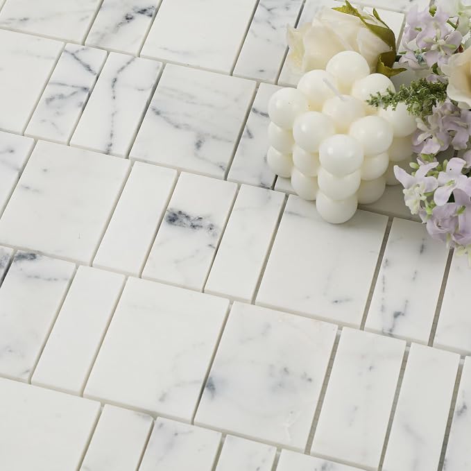 White Marble Mosaic Tile Honed for Kitchen Backsplash Bathroom Shower | Water Resistant Heat Resistant Marble Backsplash Tiles for Wall Floor Fireplace Surround 4SQFT Durable Nature Veins